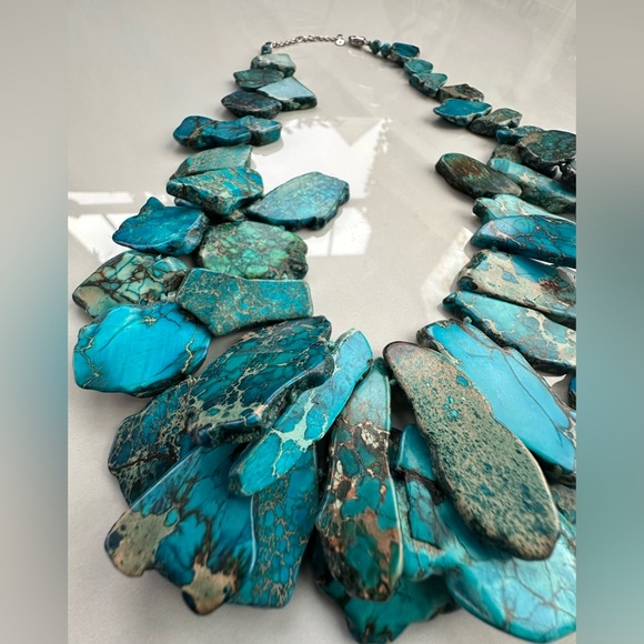 Aqua Jasper Gemstone Slab Statement Necklace-Sterling Silver-Boho Chic - Picture 7 of 8